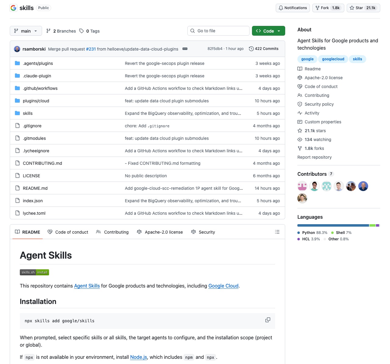 GitHub-Seite des Projekts google/skills mit dem Abschnitt Installation und dem Befehl npx skills add google/skills
