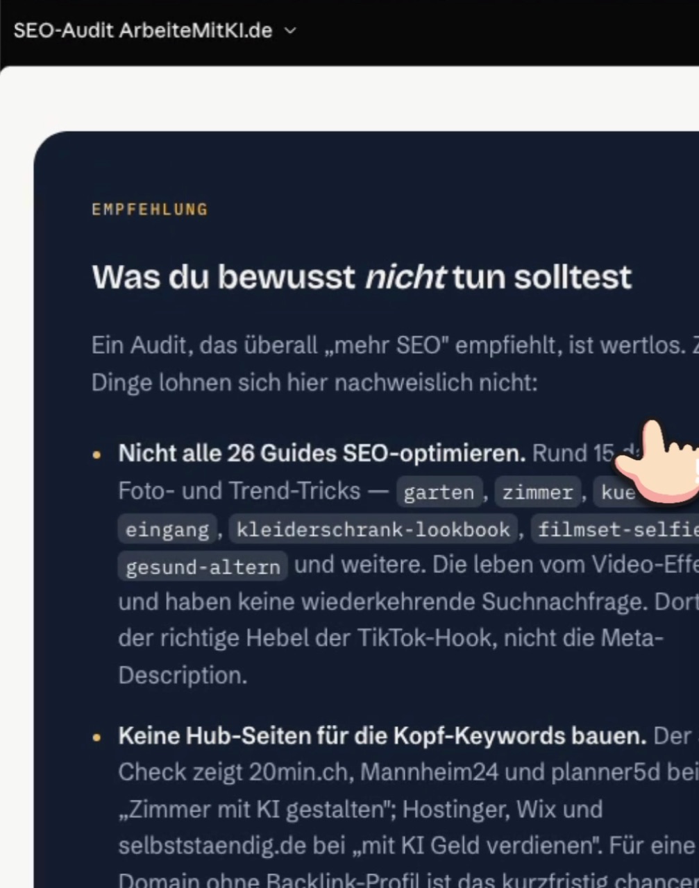 Die Report-Sektion „Was du bewusst nicht tun solltest“ mit konkreten Empfehlungen