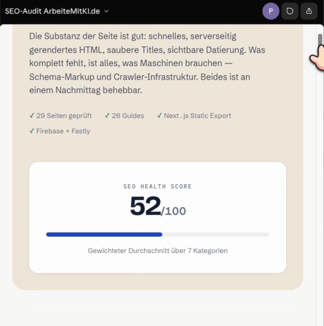 Der SEO Health Score 52 von 100 im gestalteten Audit-Report von arbeitemitki.de