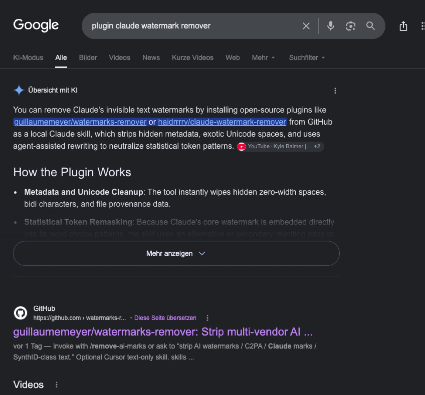 Googles KI-Übersicht empfiehlt neben dem bekannten Projekt auch ein sehr junges, kaum bewertetes Repository