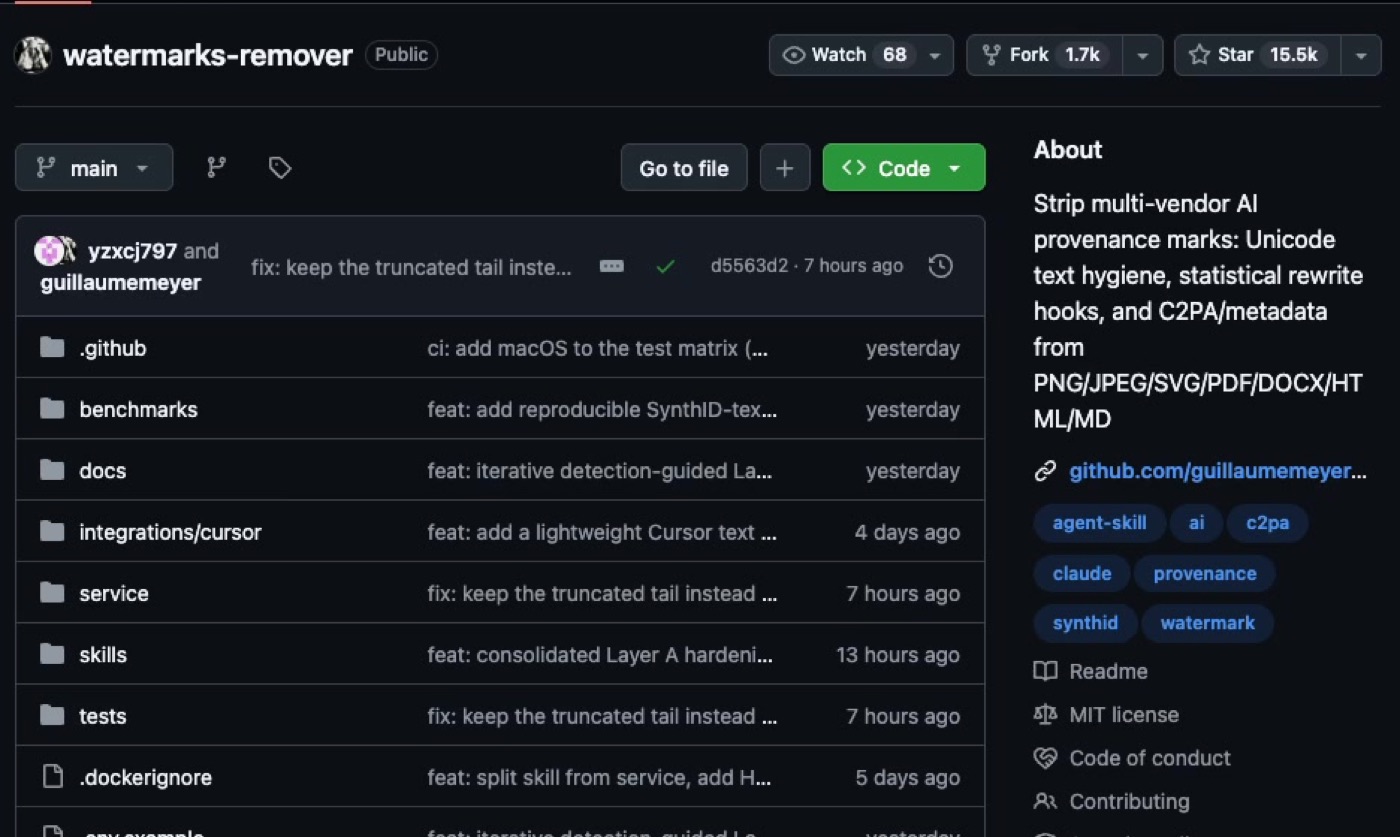 Die GitHub-Seite des Projekts watermarks-remover mit rund 16.000 Sternen und MIT-Lizenz