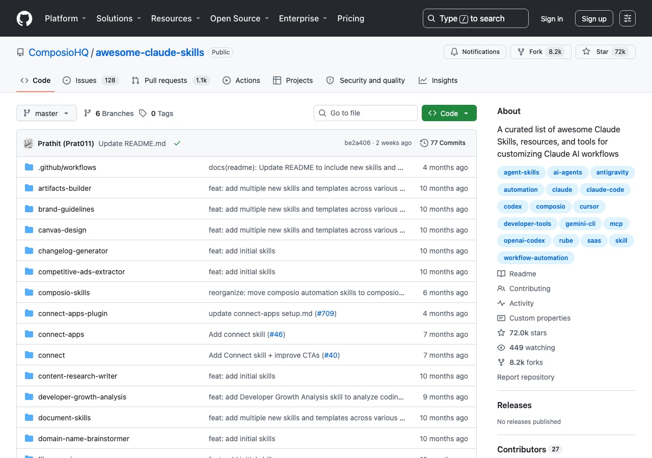 GitHub-Repository ComposioHQ/awesome-claude-skills: kuratierte Liste fertiger Claude Skills