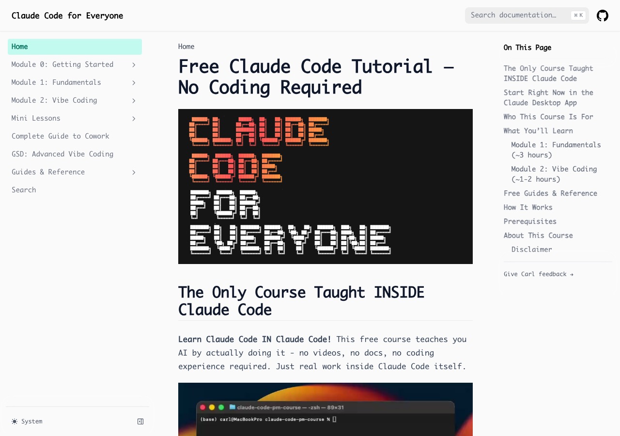Startseite von Claude Code for Everyone: Free Claude Code Tutorial — No Coding Required