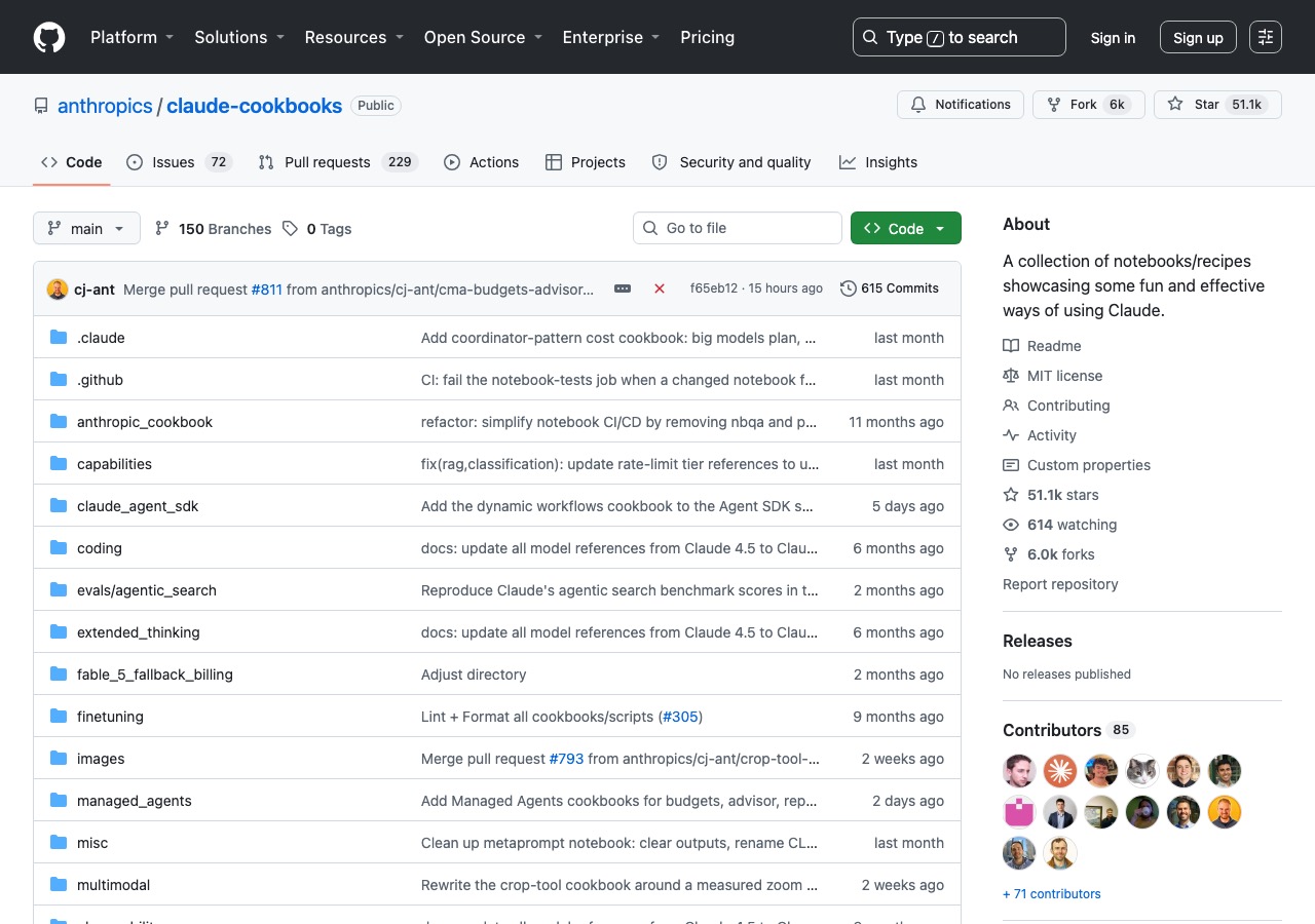 GitHub-Repository anthropics/claude-cookbooks mit über 51.000 Sternen