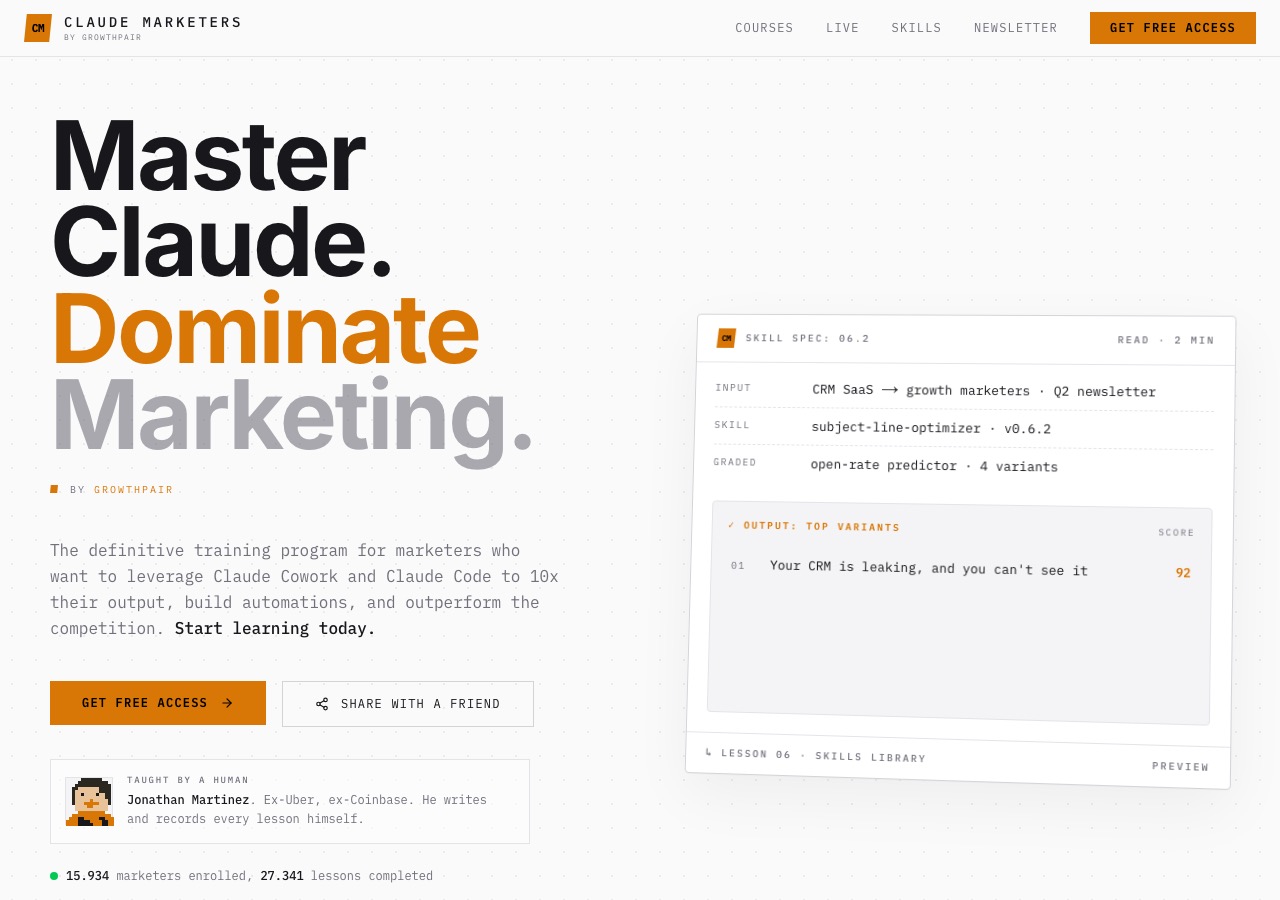 Startseite von Claude Marketers: Master Claude. Dominate Marketing.