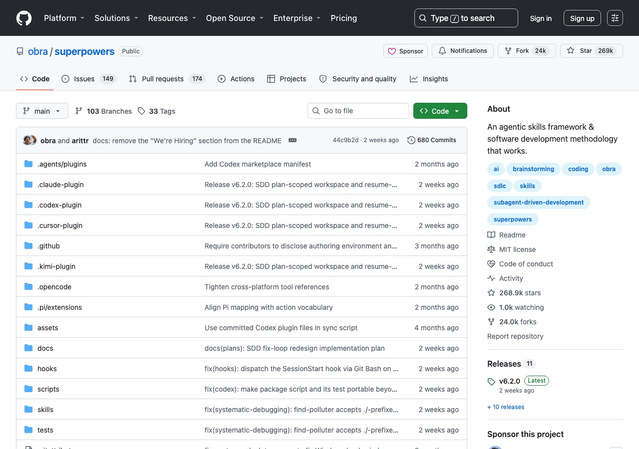 GitHub-Repository obra/superpowers: agentic skills framework mit über 268.000 Sternen