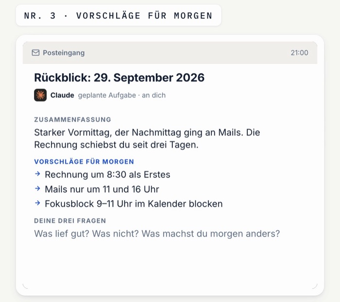 Grafik einer Rückblick-Mail mit Zusammenfassung, drei Vorschlägen für morgen und drei Fragen
