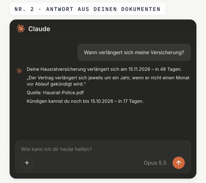 Grafik einer Claude-Antwort mit Verlängerungsdatum, Zitat aus der Police, Dateiname und Kündigungsfrist