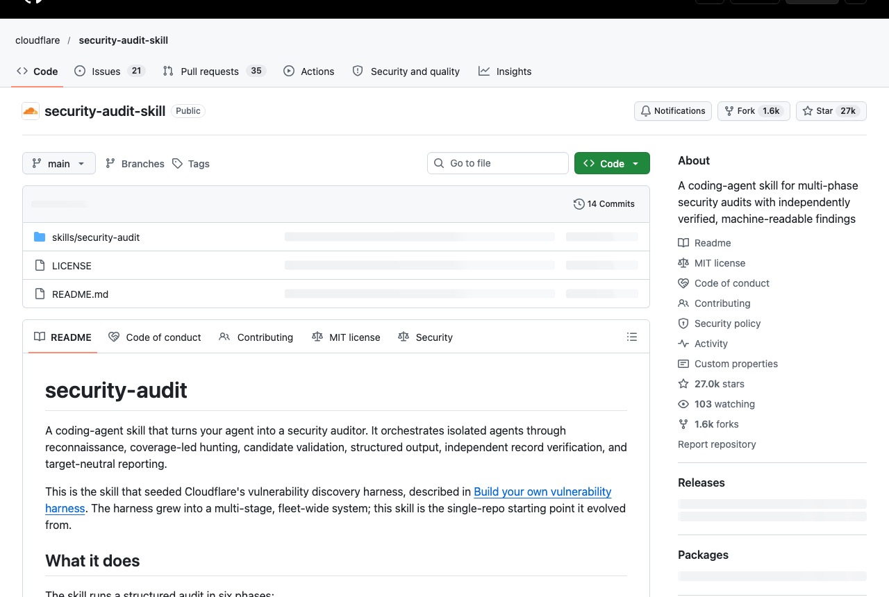 GitHub-Seite cloudflare/security-audit-skill mit rund 27.000 Sternen und der Beschreibung der sechs Audit-Phasen