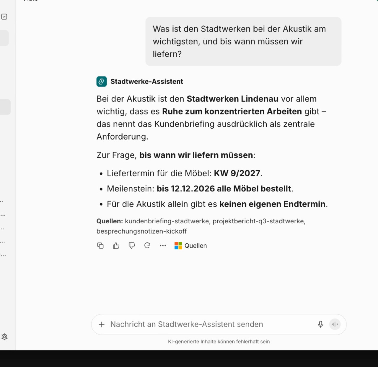 Eigener Copilot-Agent beantwortet eine Frage mit Quellen aus den hinterlegten Unterlagen