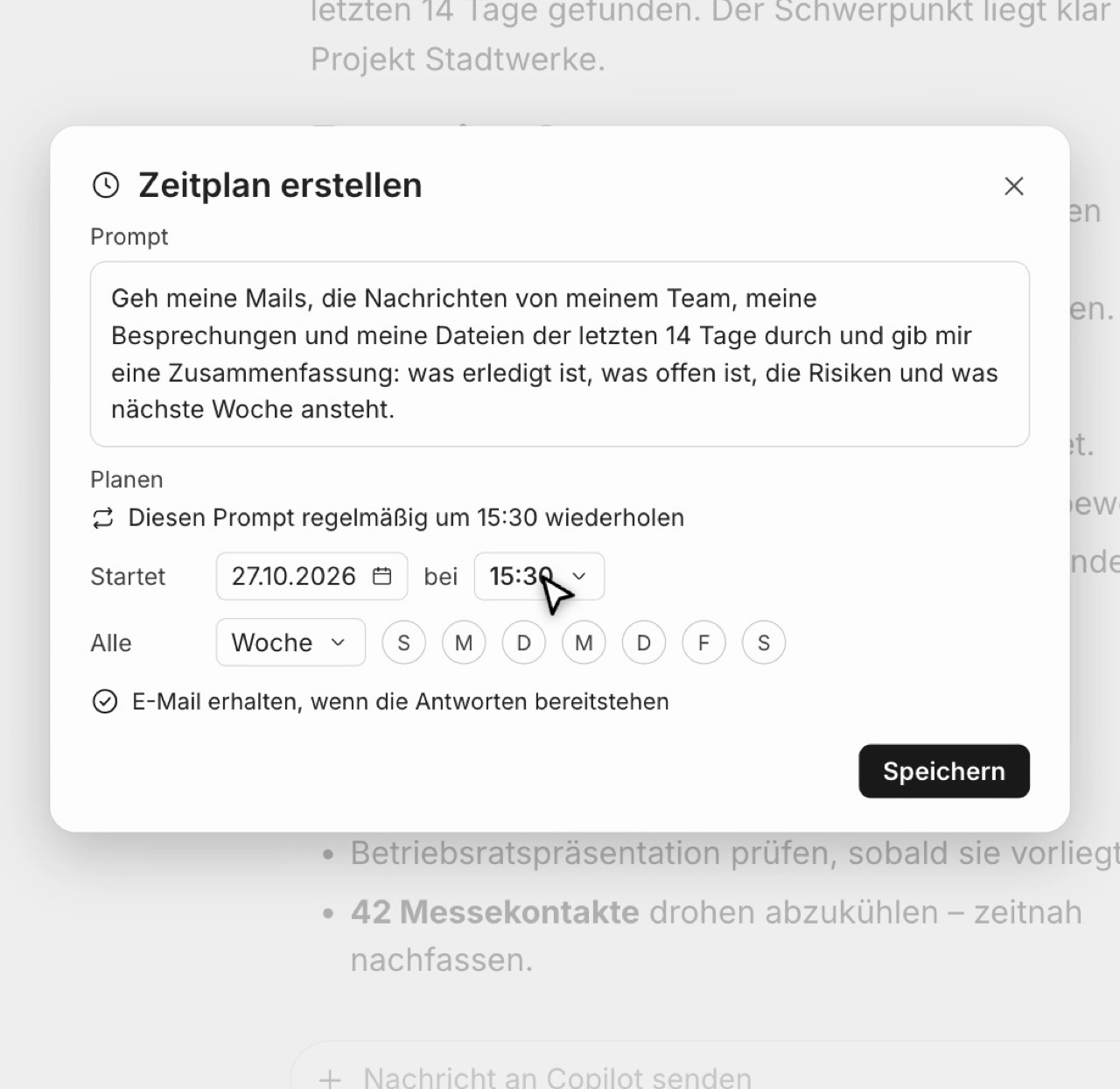 Dialog Zeitplan erstellen mit Prompt, Startdatum, Uhrzeit und Wiederholung