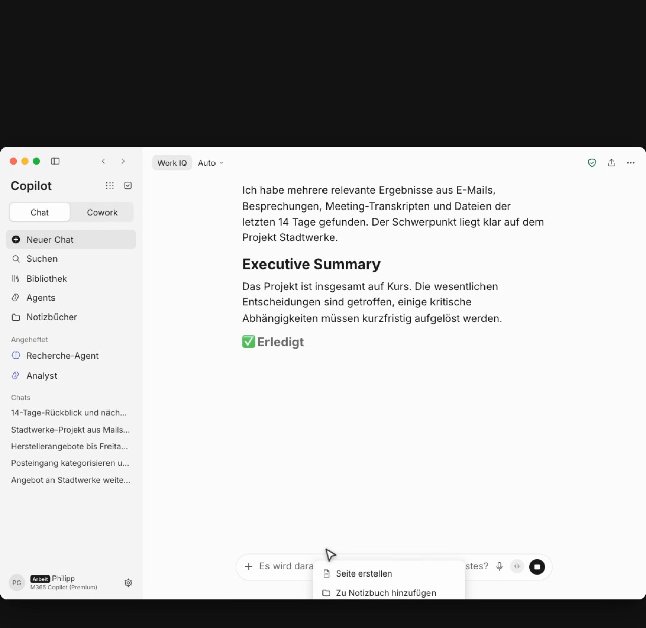 Copilot-Antwort mit Executive Summary aus Mails, Besprechungen und Dateien