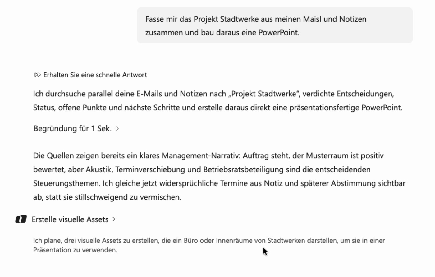 Copilot-Antwort: durchsucht E-Mails und Notizen nach Projekt Stadtwerke und erstellt eine präsentationsfertige PowerPoint