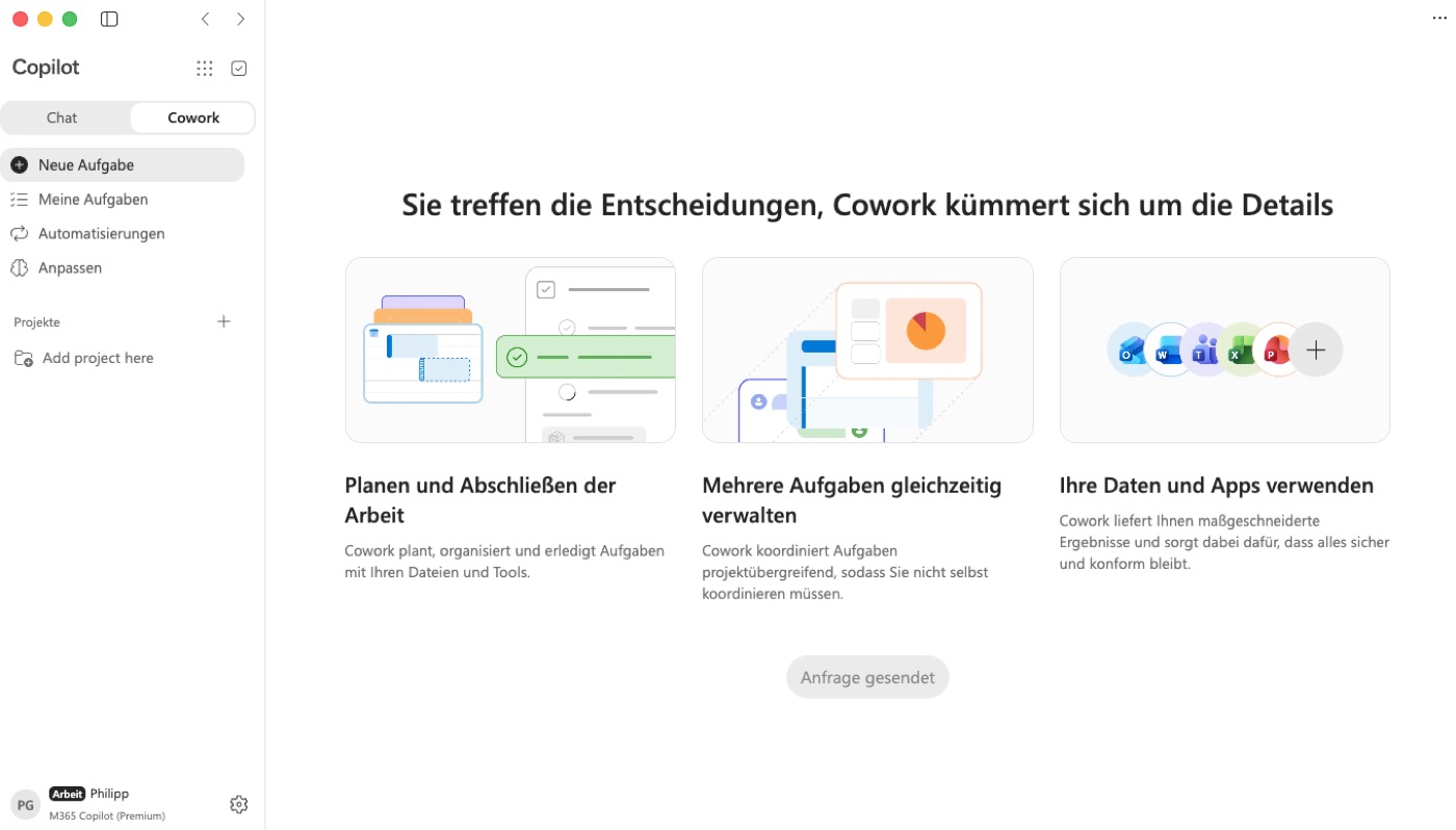 Copilot-App mit dem Umschalter Chat und Cowork und der Cowork-Startseite