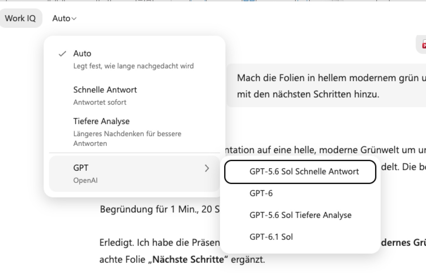 Modell-Menü der Copilot-App mit Auto, Schnelle Antwort, Tiefere Analyse und GPT-Untermenü mit GPT-6
