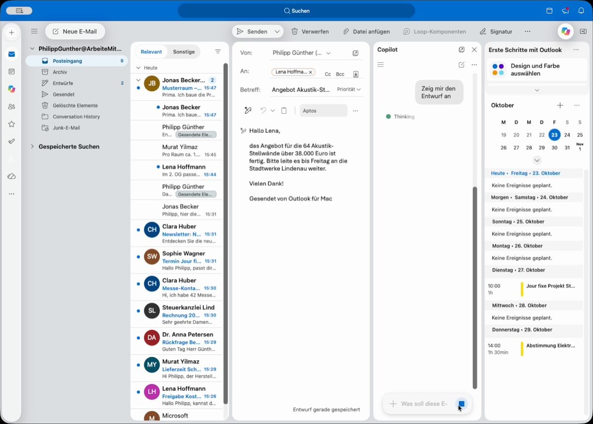 Outlook mit geöffnetem Copilot-Bereich und einem fertig formulierten Mail-Entwurf