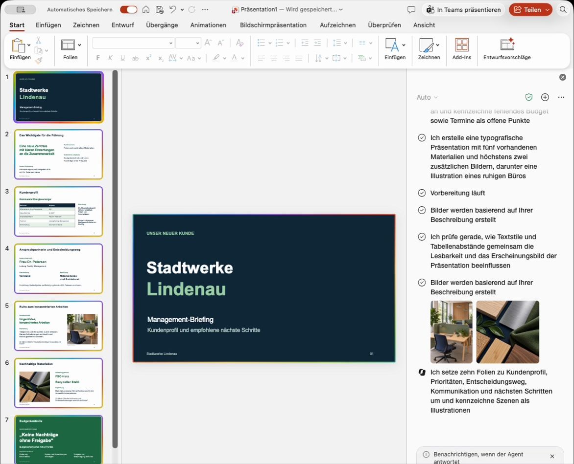 PowerPoint mit zehn fertigen Folien im Design des Kunden in der Folienleiste