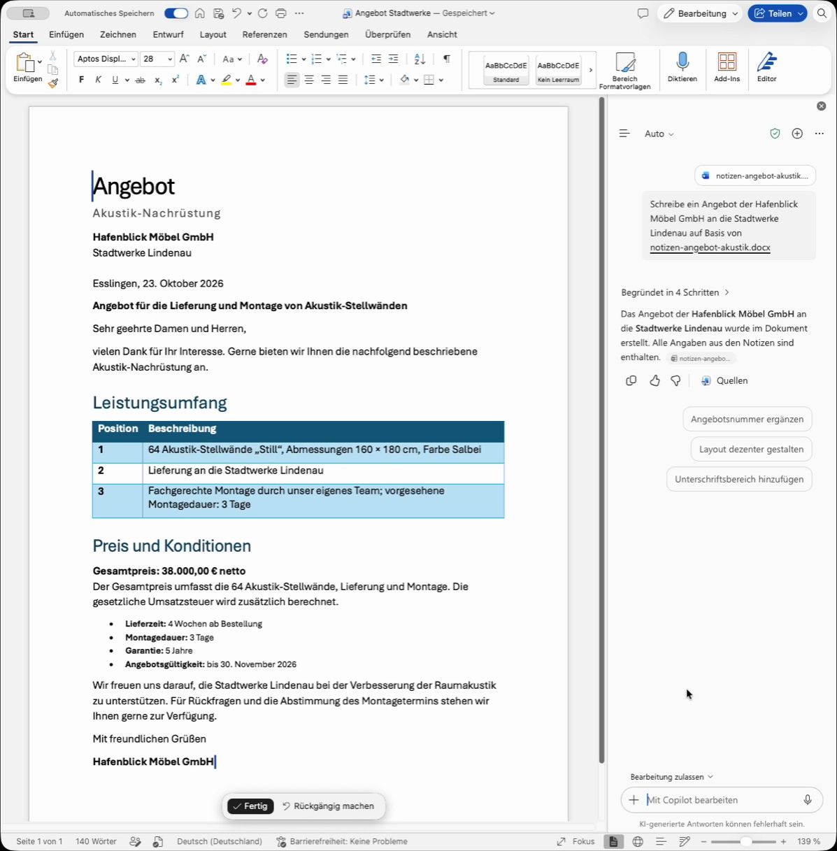 Fertiges Angebot in Word mit Leistungsumfang als Tabelle, rechts der Copilot-Bereich