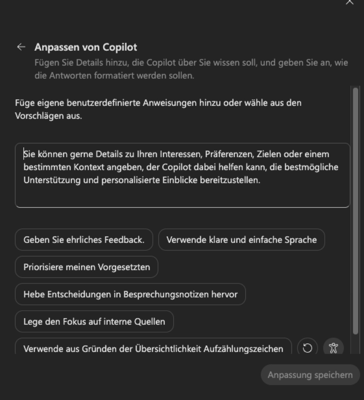 Fenster Anpassen von Copilot mit dem Textfeld für benutzerdefinierte Anweisungen und Vorschlägen