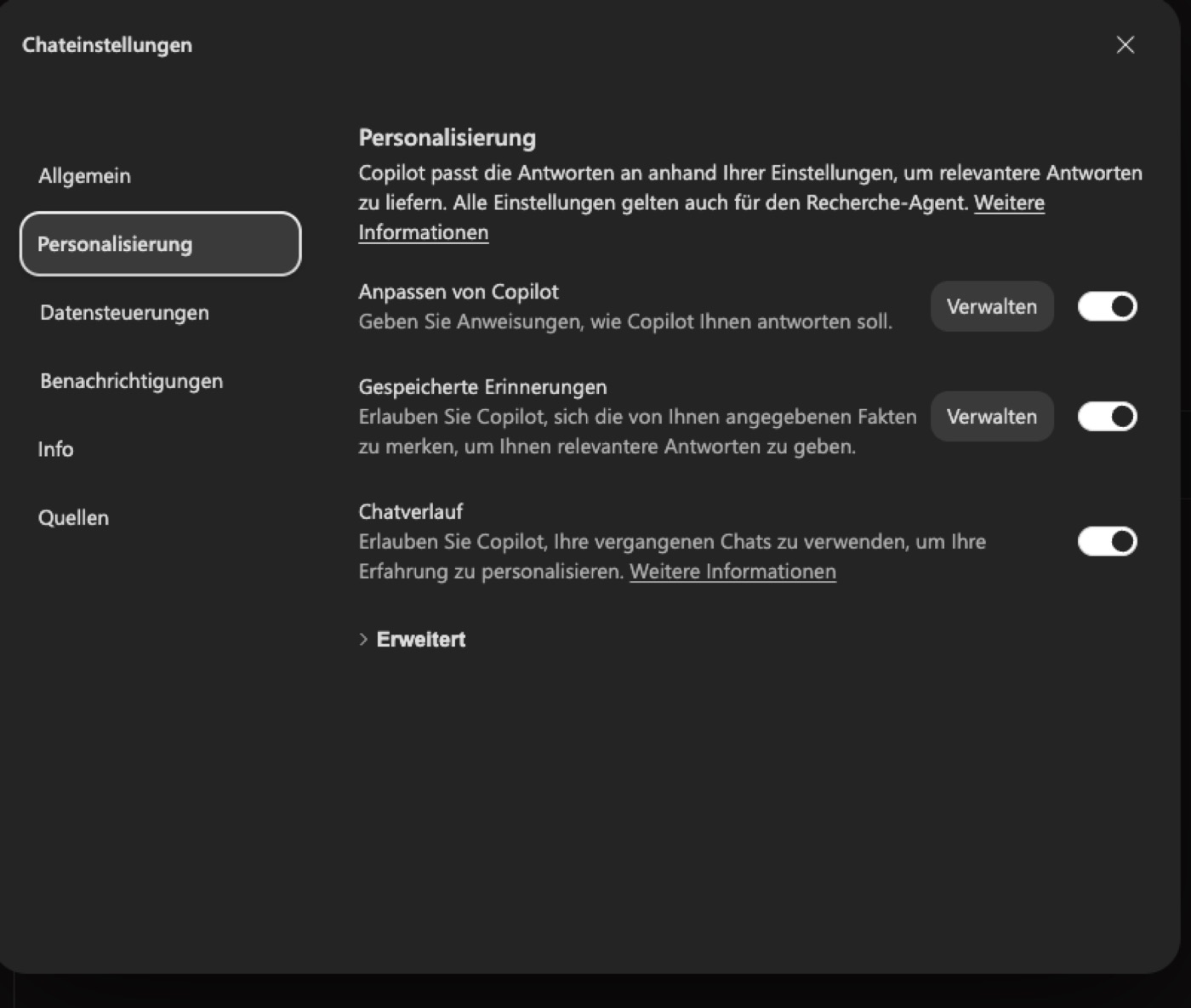 Chateinstellungen von Copilot, Bereich Personalisierung mit dem Schalter Gespeicherte Erinnerungen