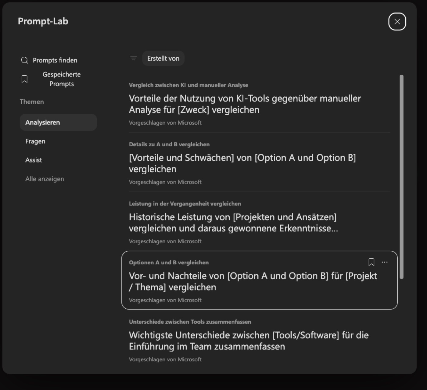 Prompt-Lab von Copilot mit Themen und fertigen Prompts