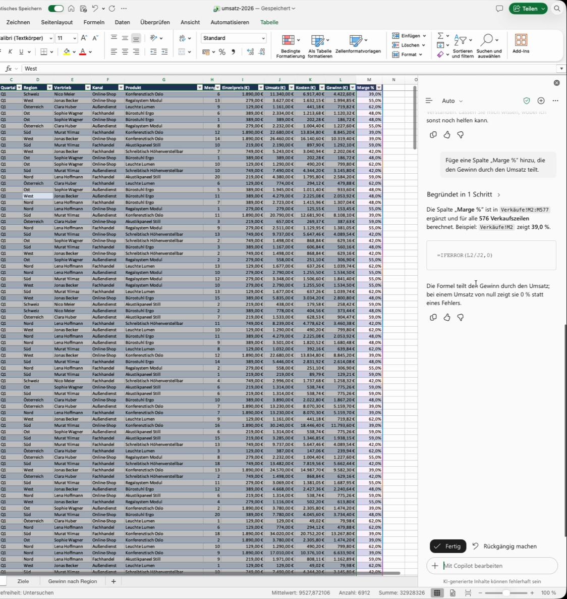 Excel-Tabelle mit der neuen Spalte Marge % für alle Verkaufszeilen