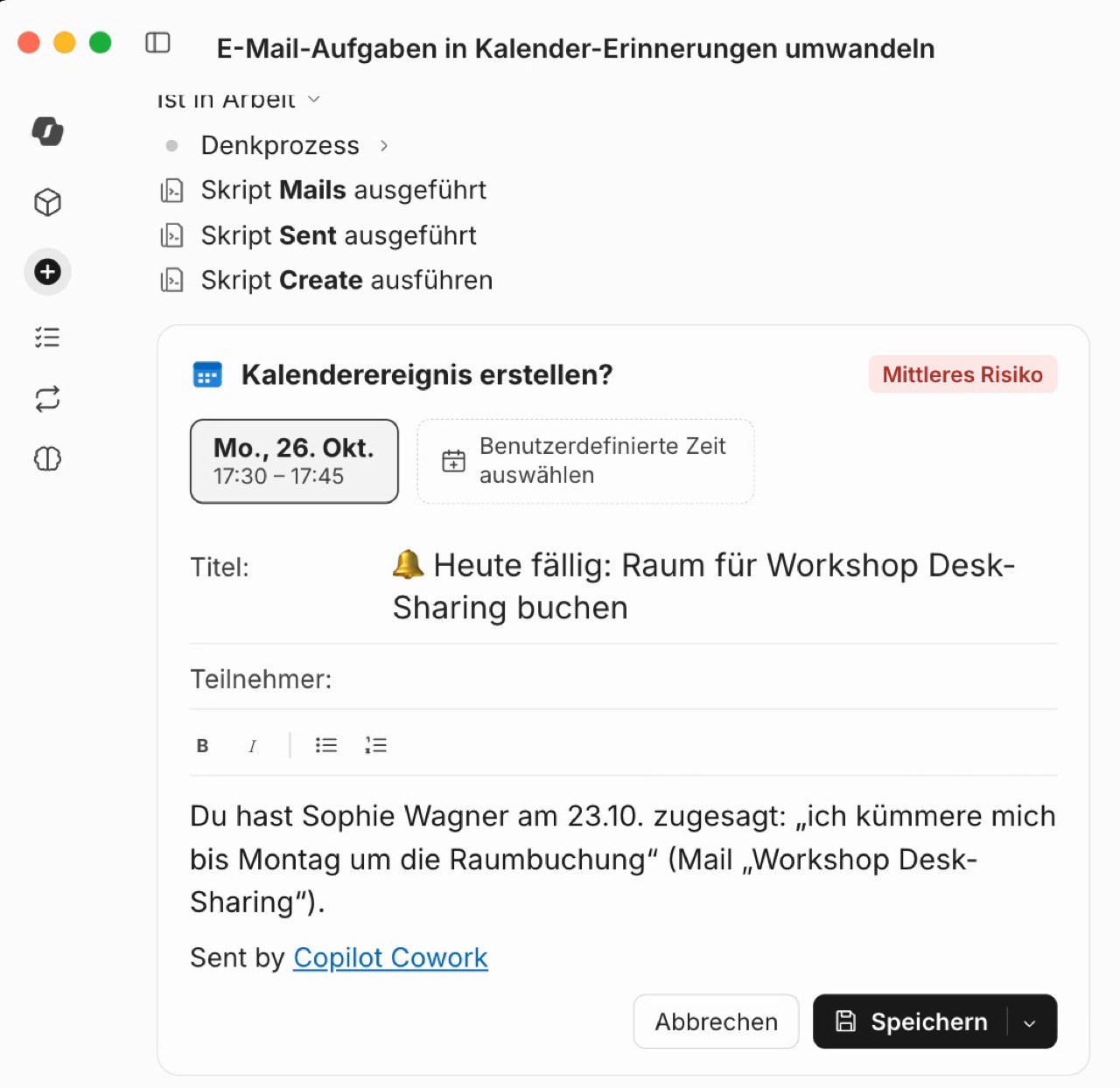 Copilot Cowork fragt: Kalenderereignis erstellen? mit Titel, Zeit und Speichern-Knopf