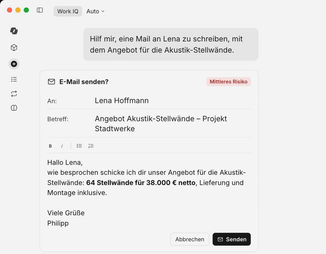 Mail-Entwurf mit Senden-Knopf im Copilot-Chat