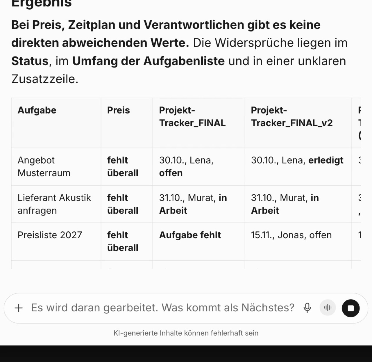 Copilot-Antwort mit Vergleichstabelle