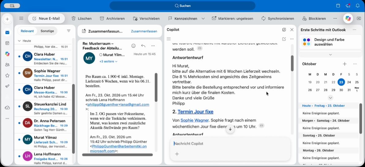 Outlook mit Copilot-Bereich: Mails in der Kategorie Braucht heute meine Antwort, darunter ein Antwortentwurf