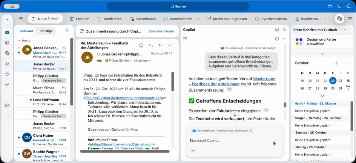 Outlook mit geöffnetem Mail-Verlauf und der Copilot-Zusammenfassung mit getroffenen Entscheidungen