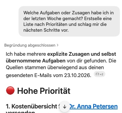 Copilot-Antwort mit einer Liste von Zusagen, sortiert nach hoher Priorität