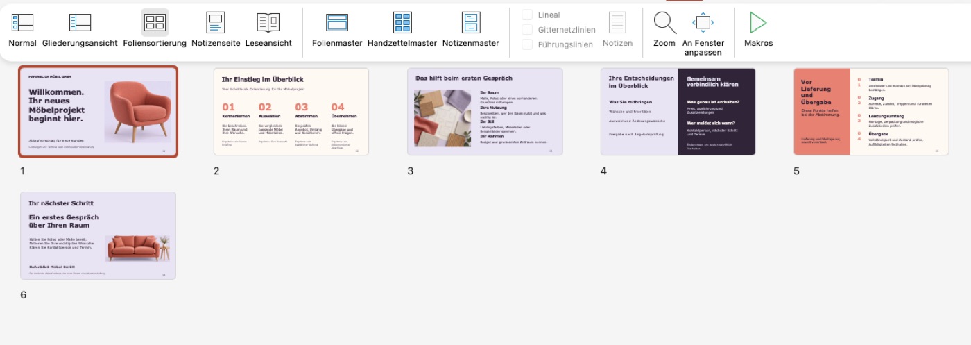 Foliensortierung mit sechs Folien zum Kunden-Onboarding mit Sessel-Fotos