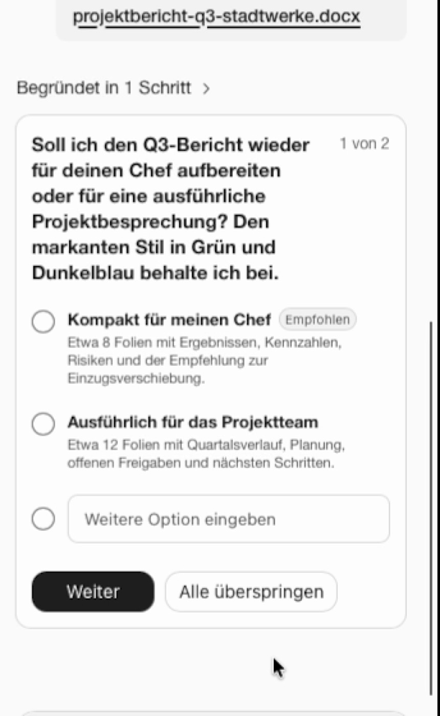Copilot-Rückfrage 1 von 2 mit den Optionen Kompakt für meinen Chef und Ausführlich für das Projektteam