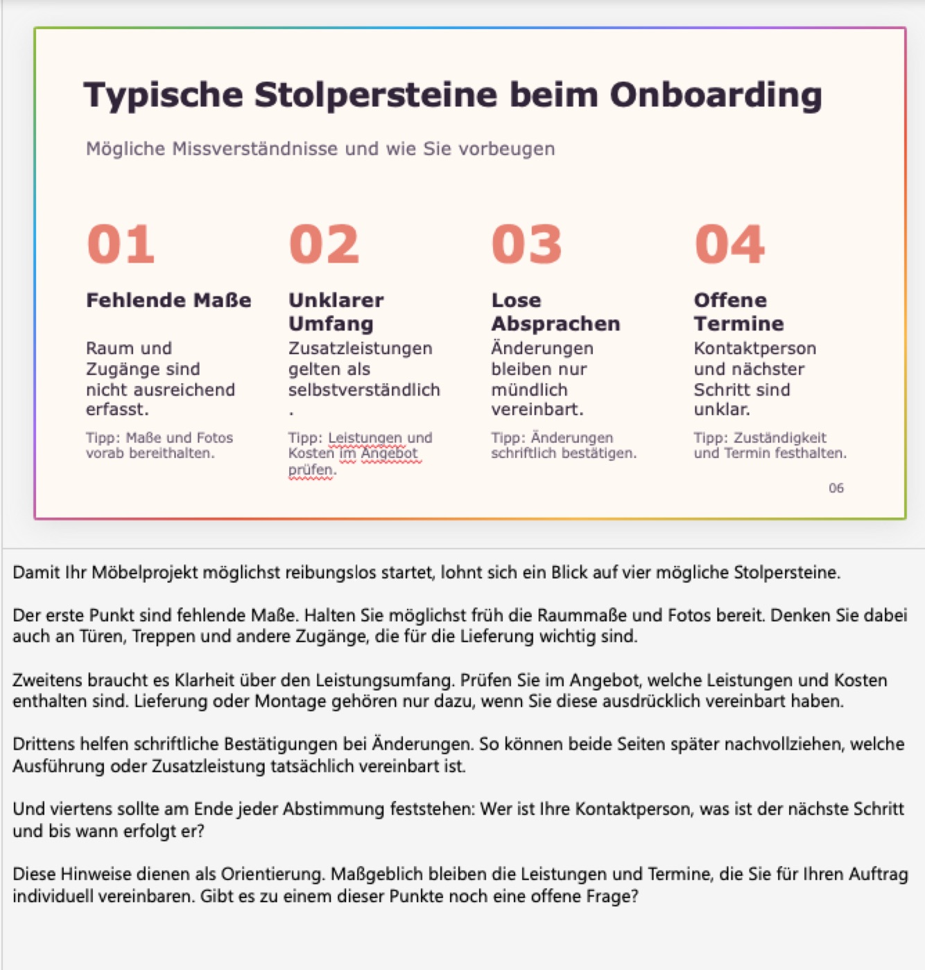 Folie Typische Stolpersteine beim Onboarding mit ausführlichen Sprechernotizen darunter