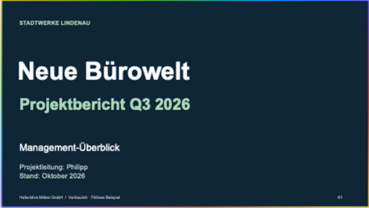 Titelfolie Neue Bürowelt, Projektbericht Q3 2026
