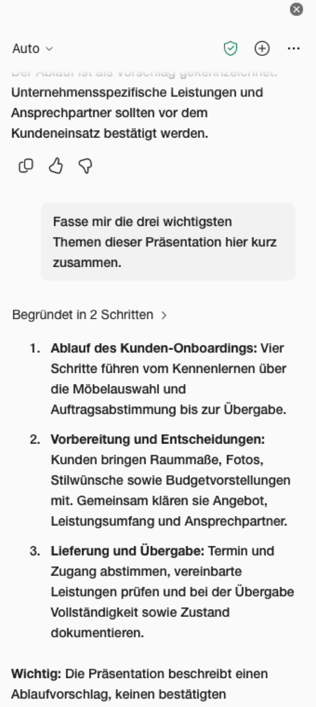 Copilot-Antwort mit drei nummerierten Themen der Präsentation