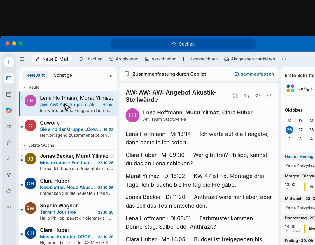 Copilot fasst in Outlook einen E-Mail-Verlauf zusammen