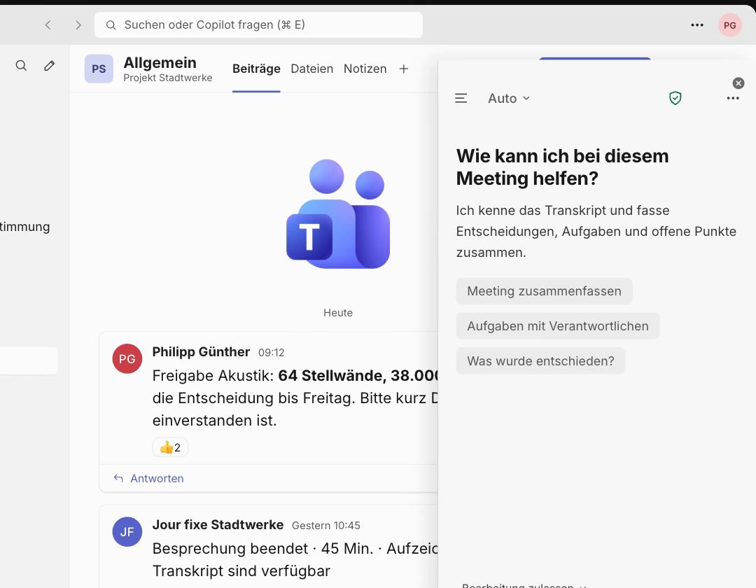 Copilot in Teams fasst ein Meeting zusammen