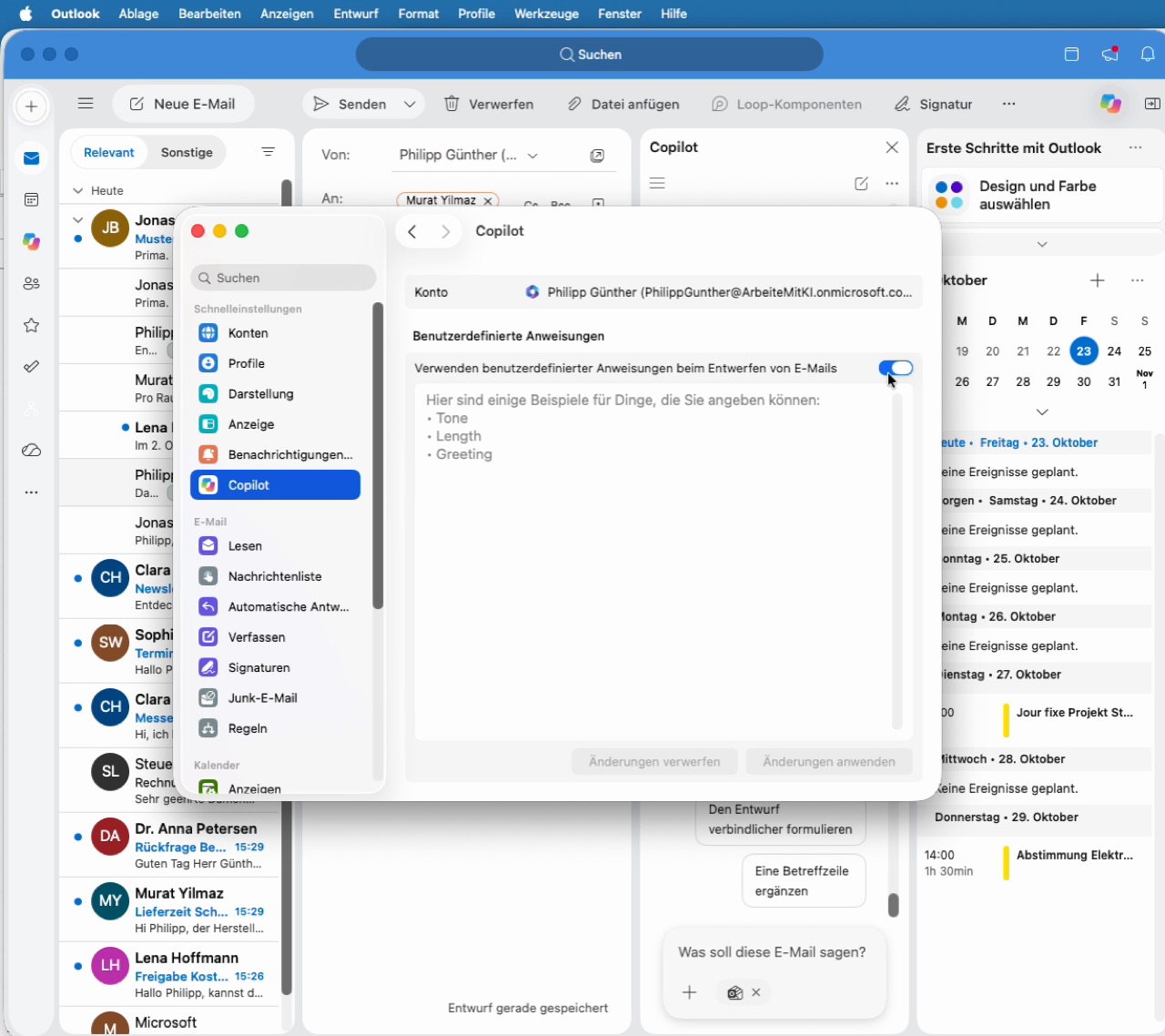 Outlook-Einstellungen, Bereich Copilot, mit dem Schalter für benutzerdefinierte Anweisungen beim Entwerfen von E-Mails