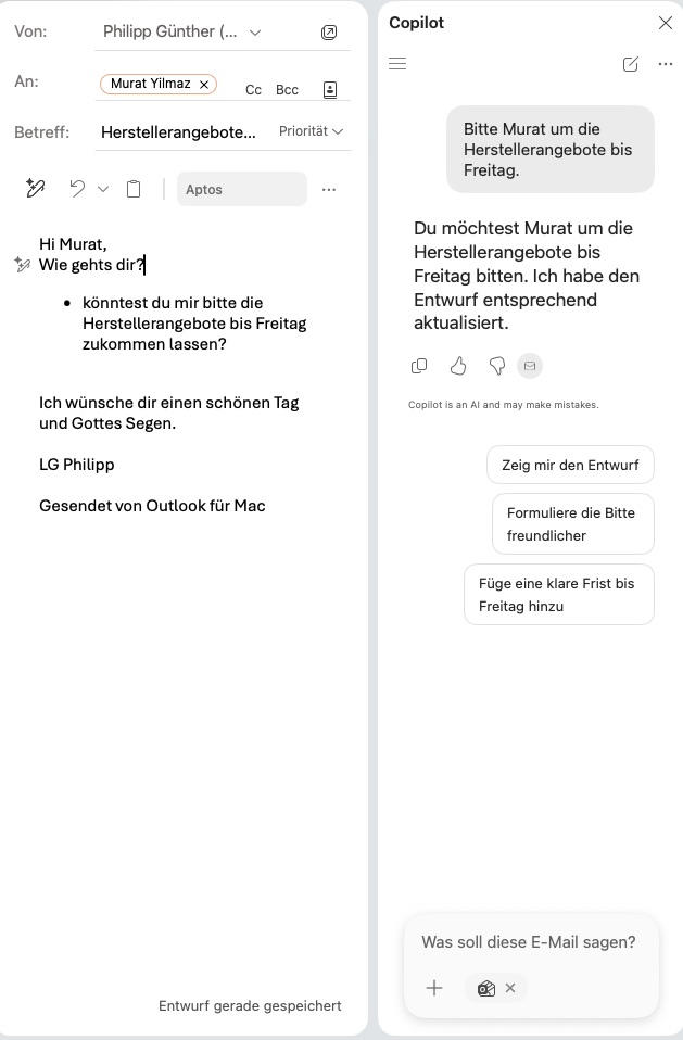 Copilot-Entwurf nachher: Hi Murat, wie geht's dir? mit Stichpunkt und Grußformel