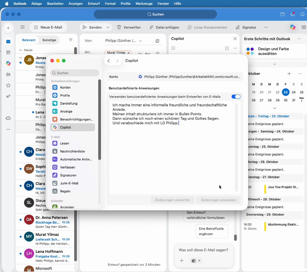 Copilot-Einstellung mit eingetragenem Schreibstil-Text
