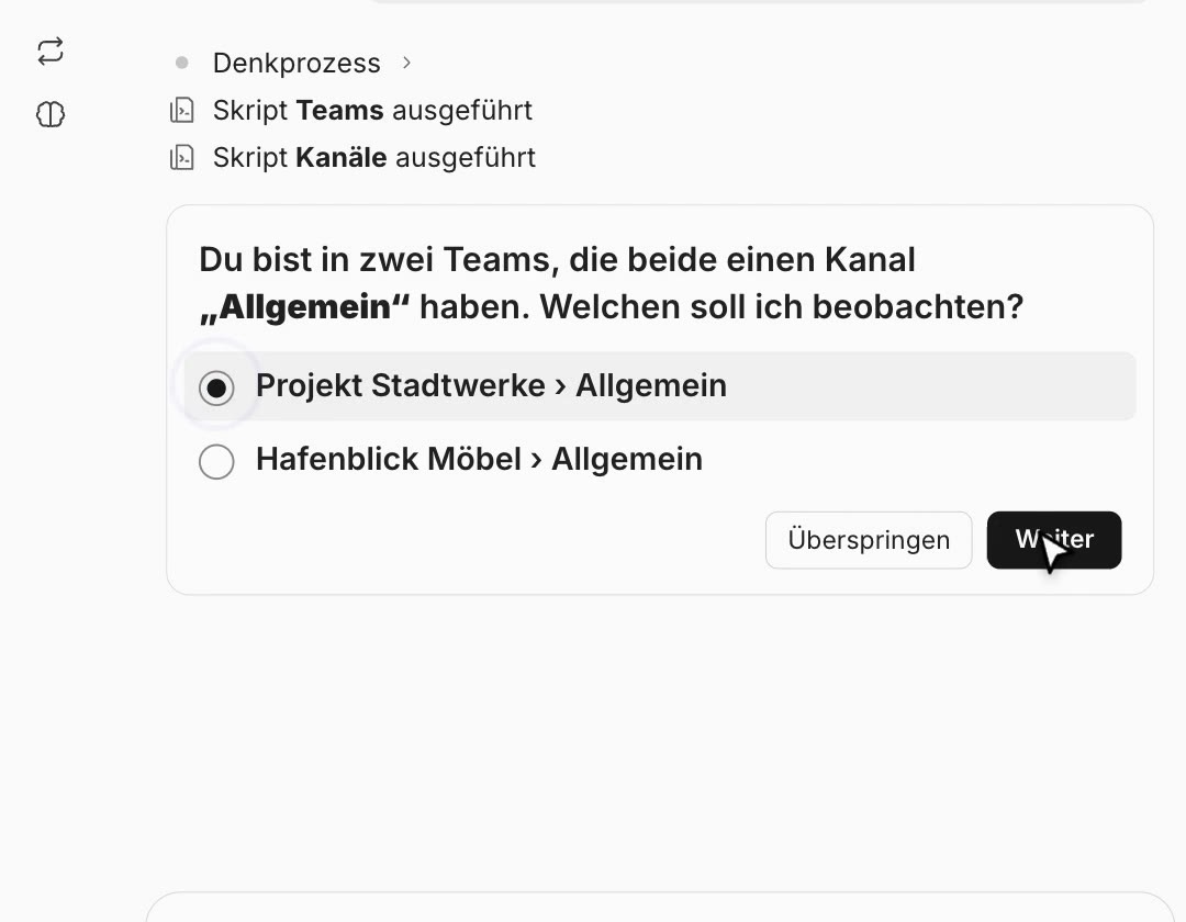 Copilot fragt, welcher Kanal beobachtet werden soll