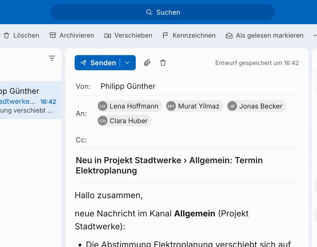 Zusammenfassung der Teams-Nachricht als Mail in Outlook