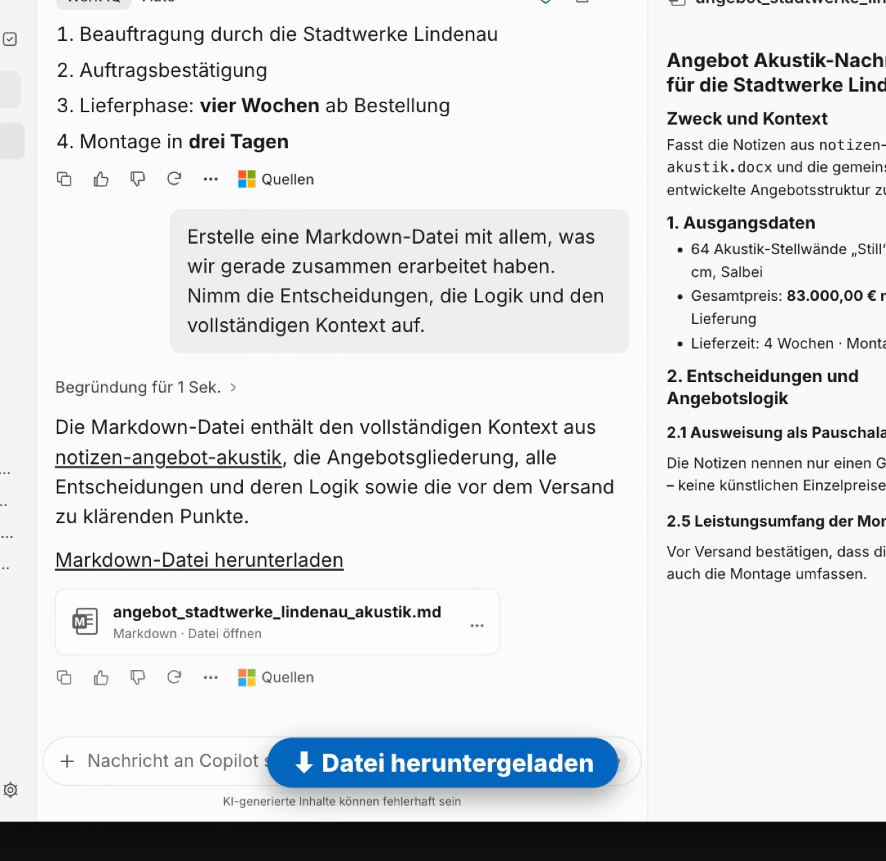 Copilot bietet eine Datei zum Herunterladen an