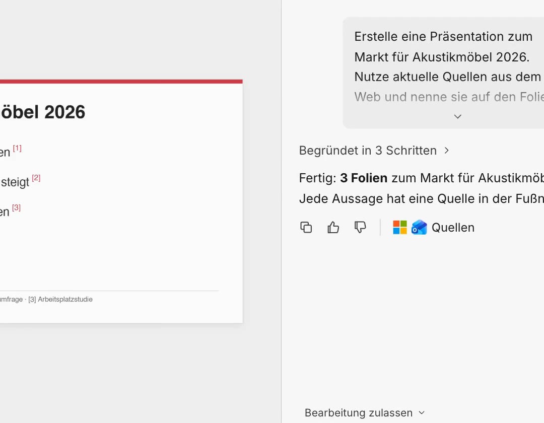 Copilot erstellt in PowerPoint Folien mit Quellen