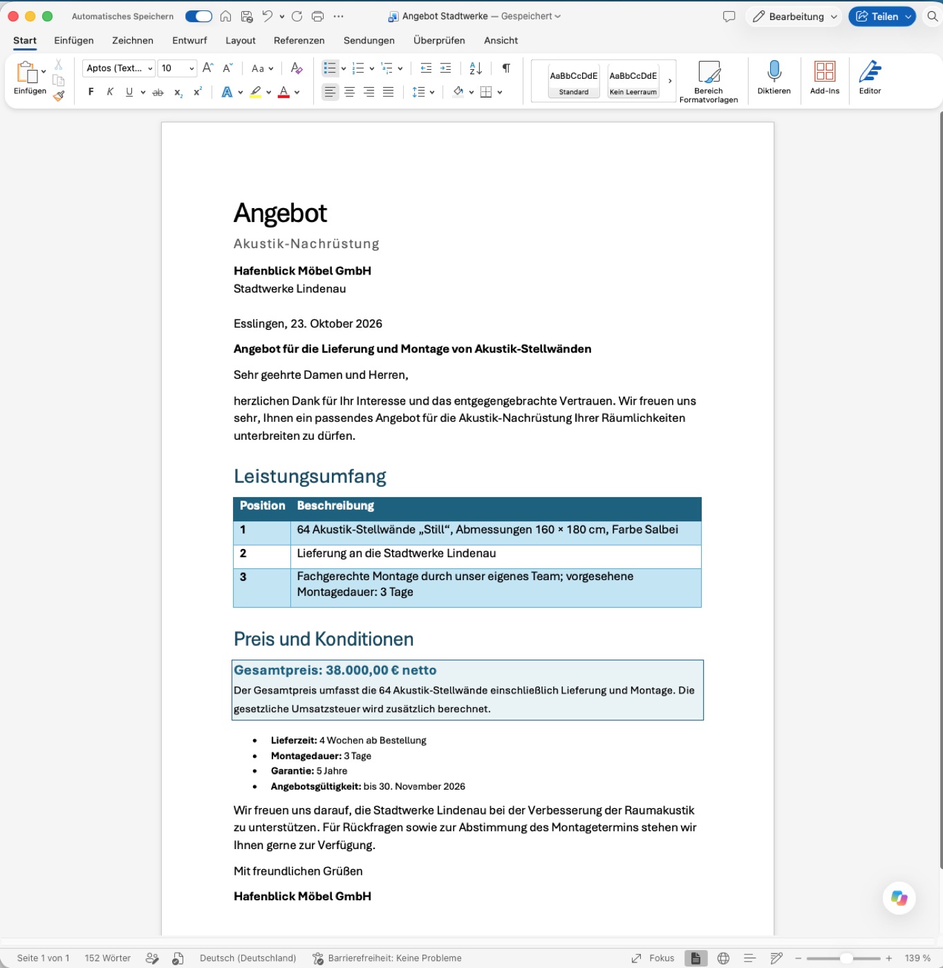 Fertiges Angebot in Word mit Leistungsumfang als Tabelle und hervorgehobenem Gesamtpreis