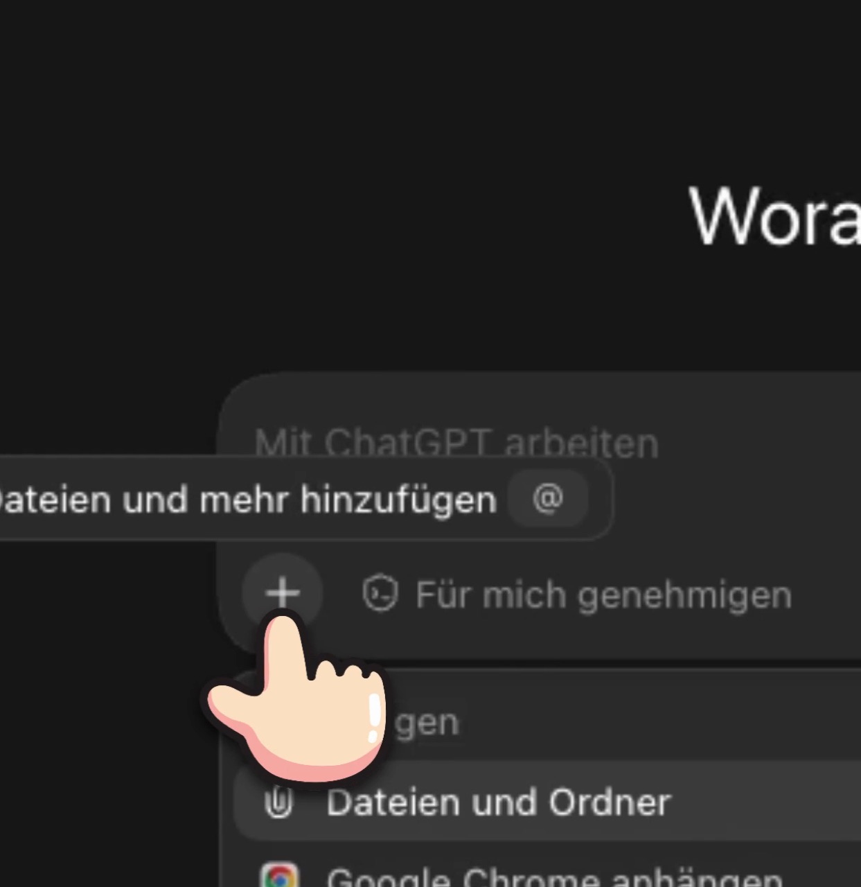 Das Plus-Menü im ChatGPT-Chat mit der Option „Dateien und Ordner“