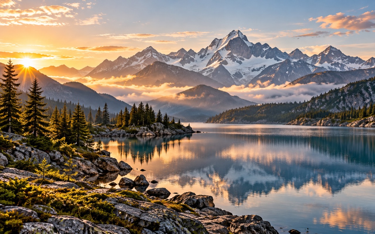Ausgangsbild: Bergsee mit Tannen und schneebedeckten Gipfeln im Morgenlicht