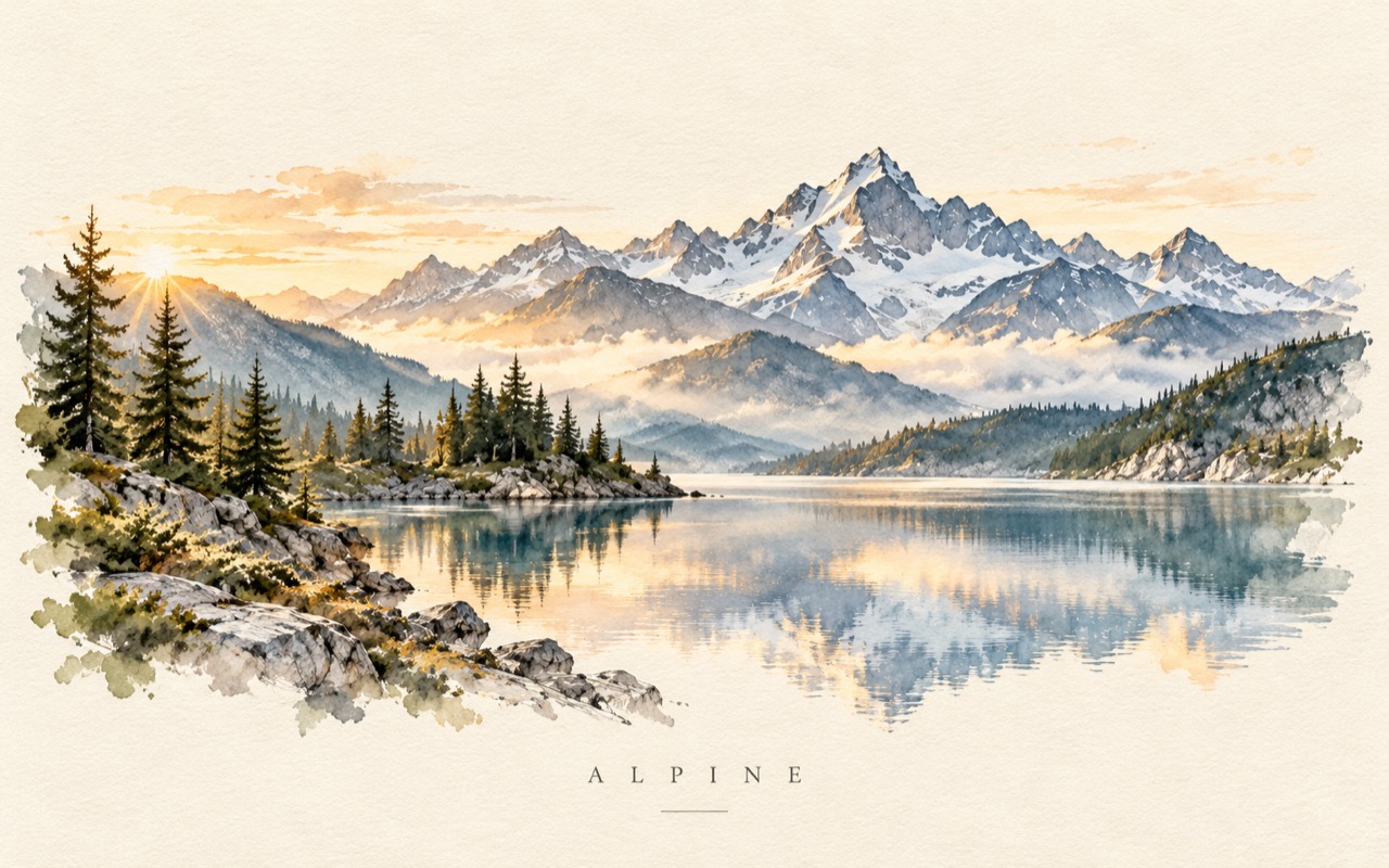 Aquarell-Poster: Bergsee und Gipfel als ruhiges Aquarell auf Papier, Titel ALPINE